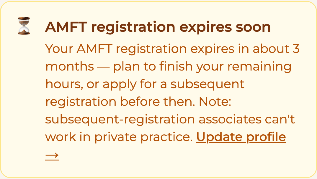 HourJourney dashboard banner: AMFT registration expires soon, in about 3 months, for a sample account