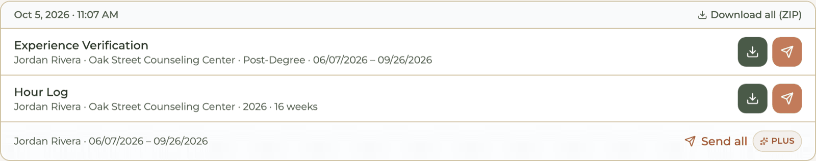 HourJourney export history for a sample account: an Experience Verification and an Hour Log with download buttons