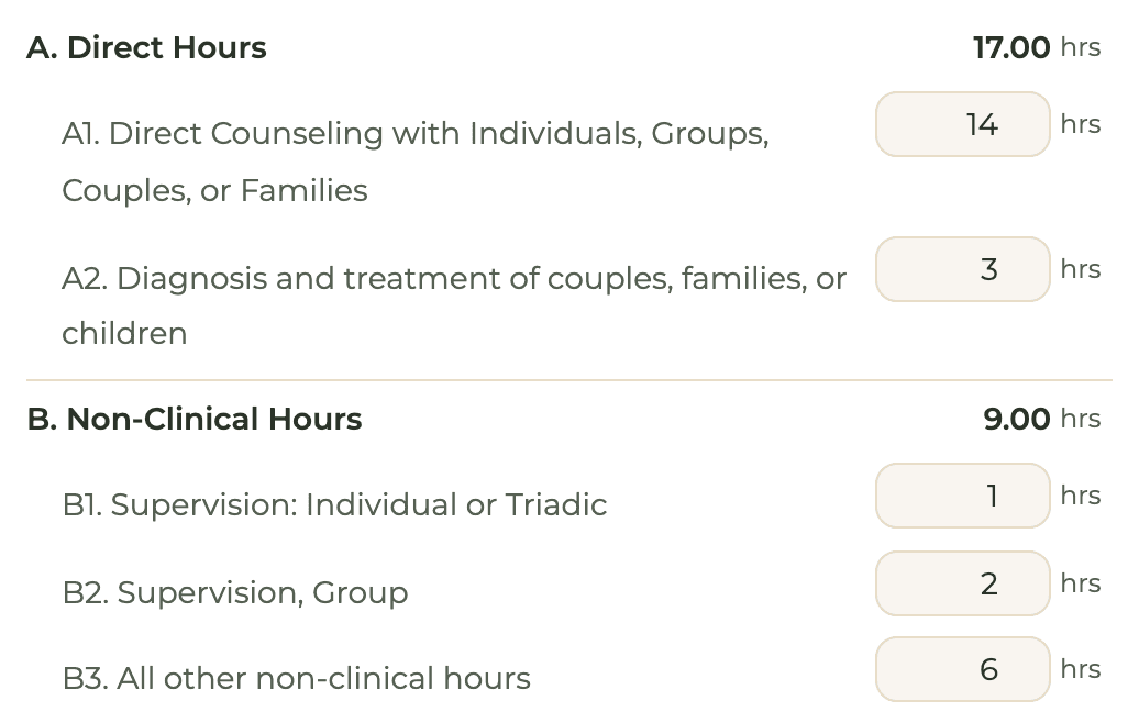 HourJourney week form for a sample account with direct, couples, families and children, supervision and other non-clinical lines