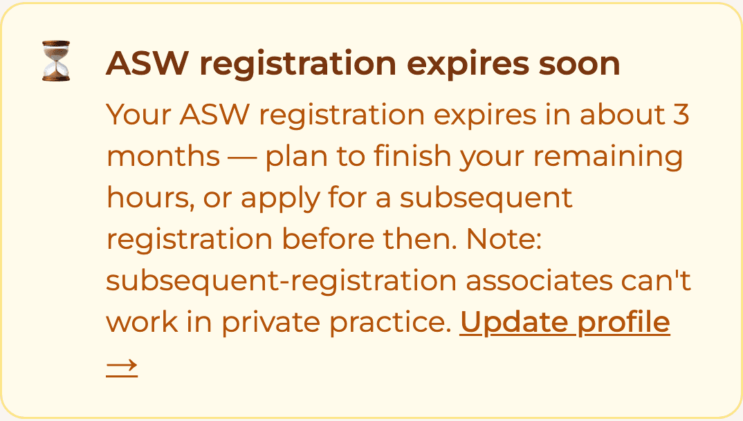 HourJourney dashboard banner for a sample ASW: ASW registration expires soon, in about 3 months; apply for a subsequent registration before then