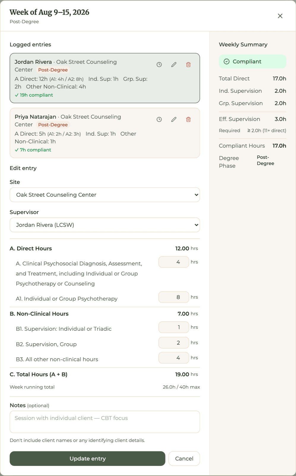 HourJourney entry form for the week of Aug 9: A 12 with A1 8, B1 1, B2 2, B3 4, with the Weekly Summary marked Compliant
