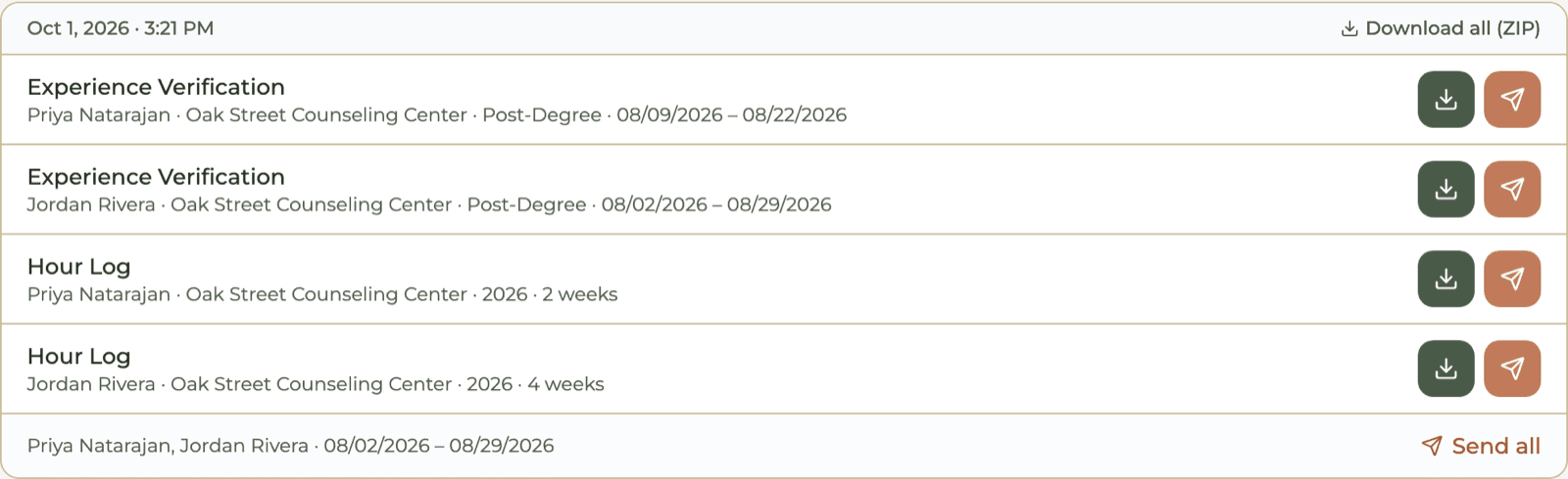 HourJourney export card listing two Hour Logs and two Experience Verifications for Jordan Rivera and Priya Natarajan at Oak Street Counseling Center