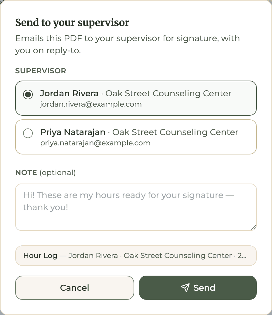 HourJourney Send to your supervisor dialog with Jordan Rivera selected and the Hour Log attached