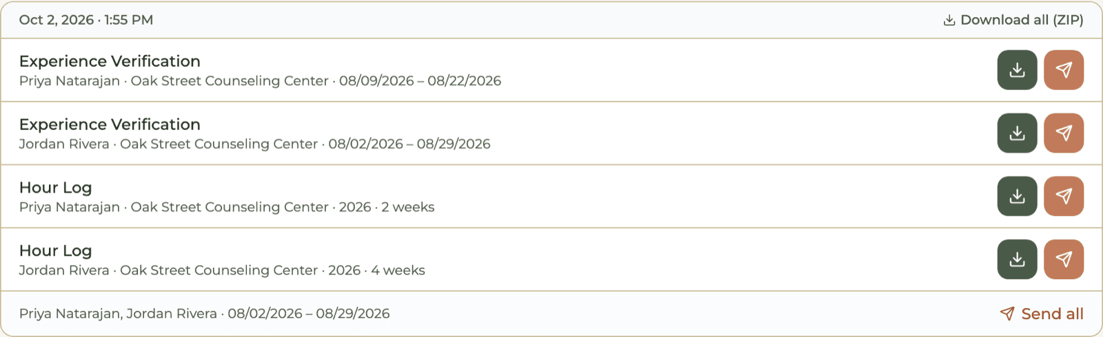 HourJourney export card listing two Hour Logs and two Experience Verifications for Jordan Rivera and Priya Natarajan at Oak Street Counseling Center