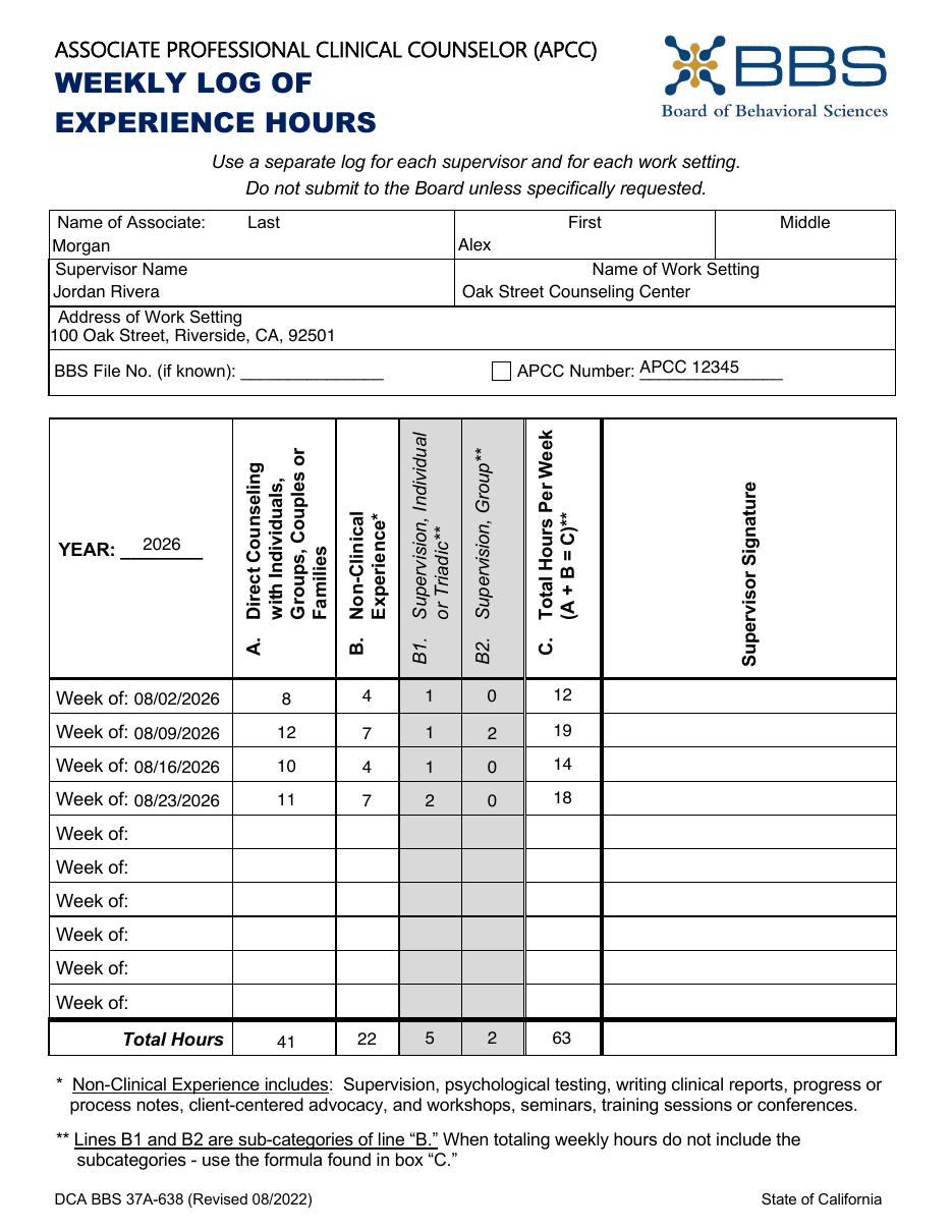 BBS Form 37A-638 filled in by HourJourney for Alex Morgan, supervisor Jordan Rivera at Oak Street Counseling Center, four August weeks, supervisor signature column blank