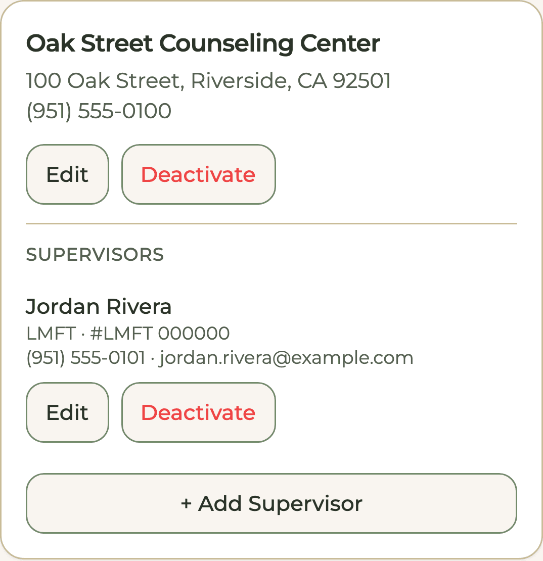 HourJourney Sites and Supervisors page for a sample account: Oak Street Counseling Center with supervisor Jordan Rivera, LMFT