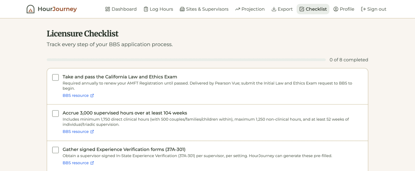 HourJourney Licensure Checklist for a sample AMFT account, with Take and pass the California Law and Ethics Exam as the first item