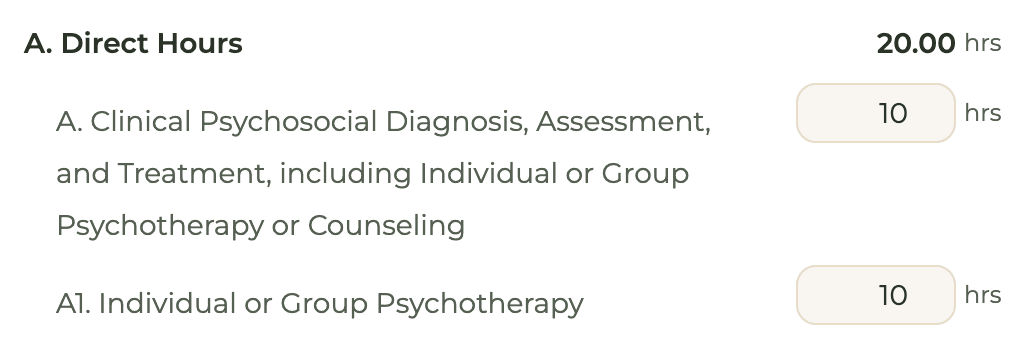 HourJourney week entry for a sample ASW: clinical psychosocial diagnosis, assessment, and treatment hours, with individual or group psychotherapy entered on its own line