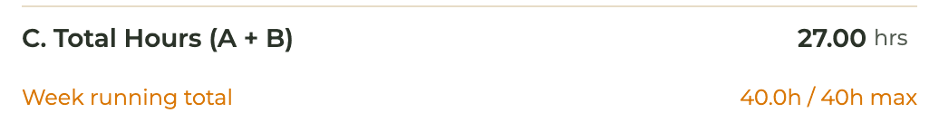 HourJourney week entry for a sample ASW with two sites: the week running total reads 40.0 hours of a 40-hour maximum
