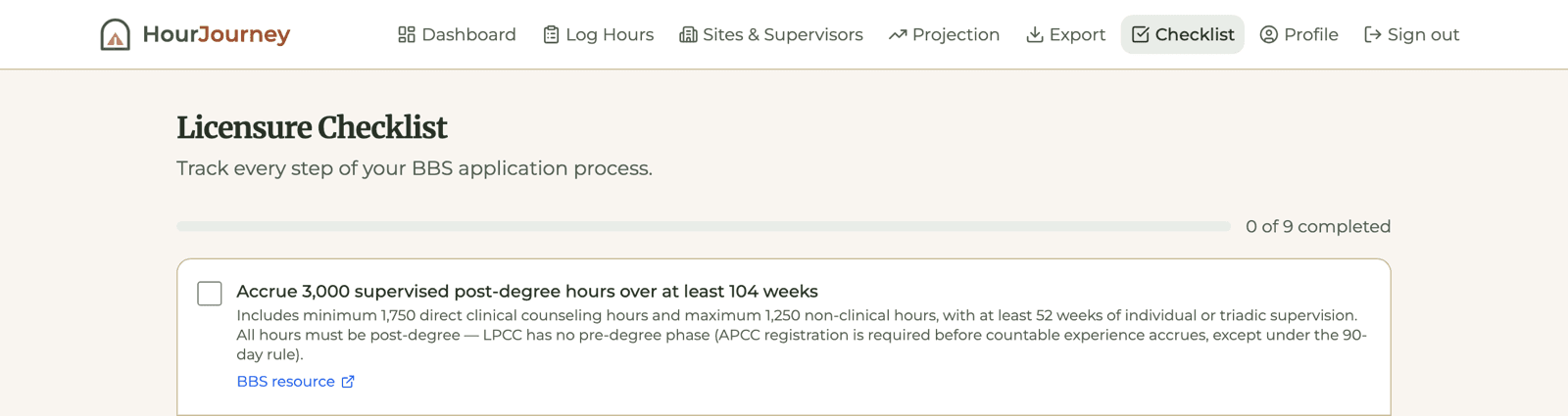 HourJourney Licensure Checklist for a sample APCC, first step: accrue 3,000 supervised post-degree hours over at least 104 weeks