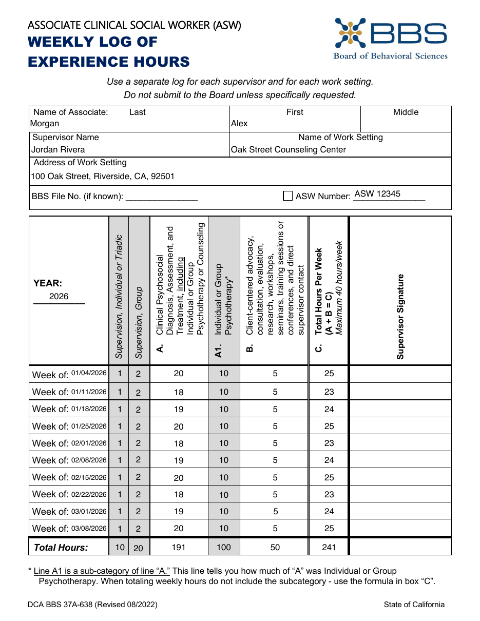 Page 1 of the BBS ASW Weekly Log of Experience Hours generated by HourJourney for a sample ASW, with the weekly hours and page totals filled in
