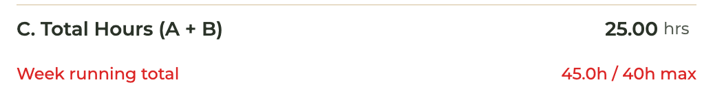 HourJourney week form for a sample account: this entry totals 25 hours and the week running total across two sites reads 45.0h of 40h max in red