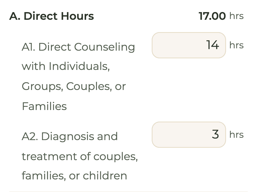 HourJourney week form for a sample trainee: direct counseling and the couples, families or children line