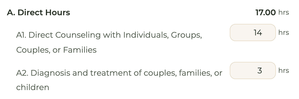 HourJourney week form for a sample trainee: direct counseling and the couples, families or children line