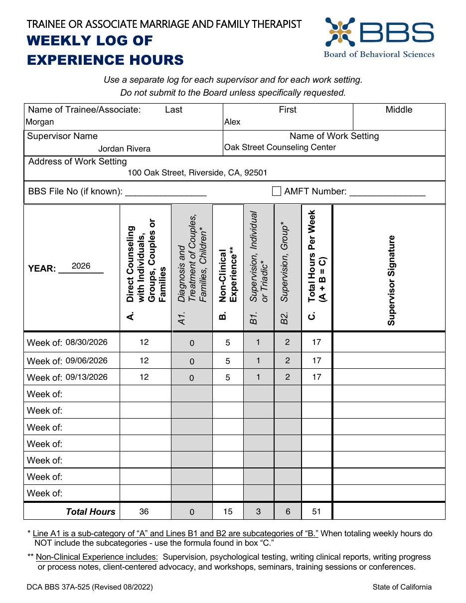 Form 37A-525 weekly log filled in by HourJourney: three weeks of hours for supervisor Jordan Rivera at Oak Street Counseling Center, supervisor signature column blank
