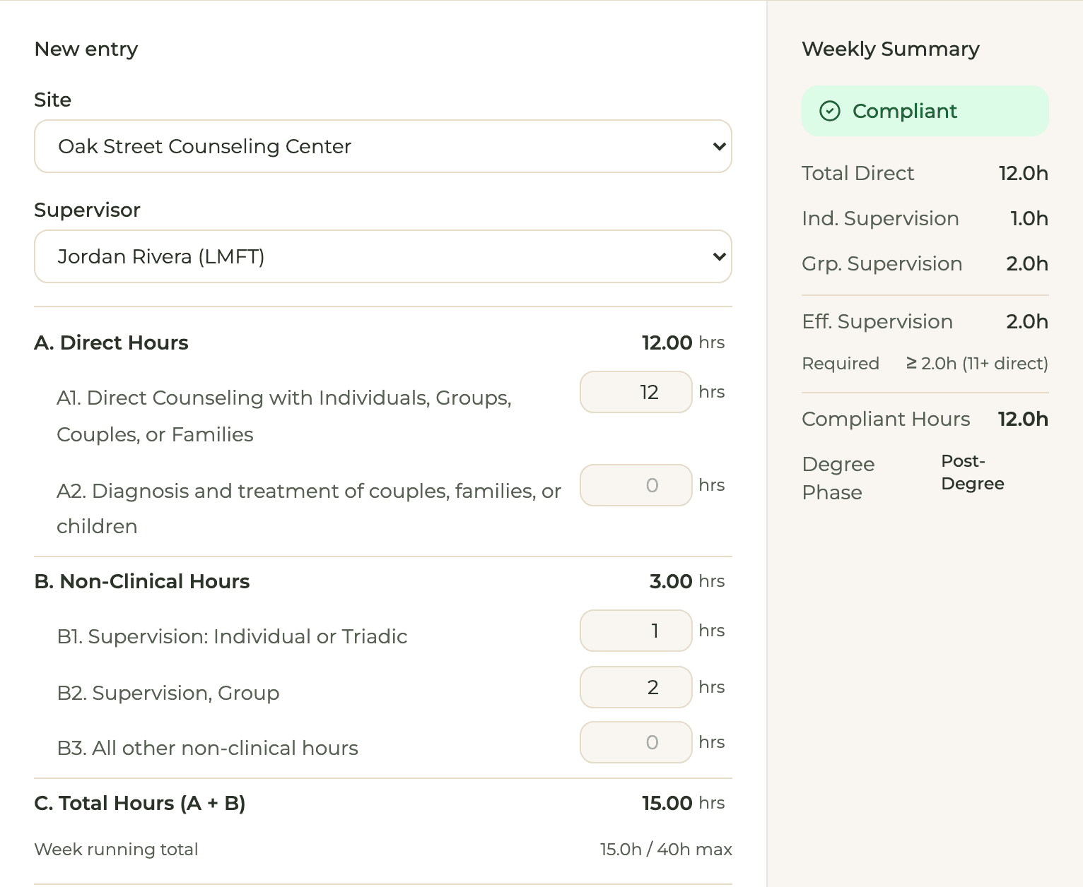 HourJourney weekly log: 12 direct hours with 1 hour of individual and 2 hours of group supervision, marked Compliant