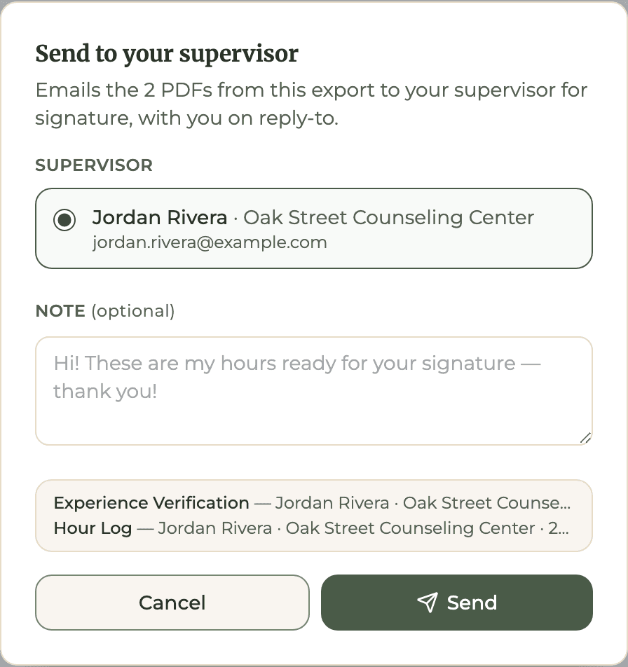HourJourney Send to your supervisor dialog with supervisor Jordan Rivera selected and two PDFs attached