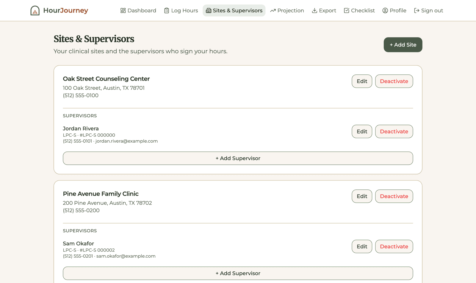 HourJourney sites and supervisors screen showing supervisor details for a fictional account