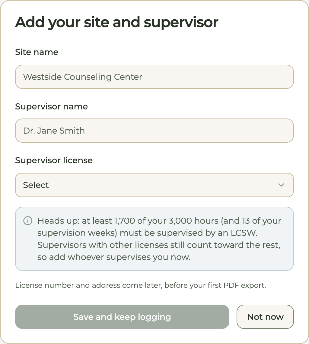 HourJourney setup form for a sample ASW: site name, supervisor name, supervisor license, and a note that at least 1,700 of 3,000 hours and 13 supervision weeks must be supervised by an LCSW