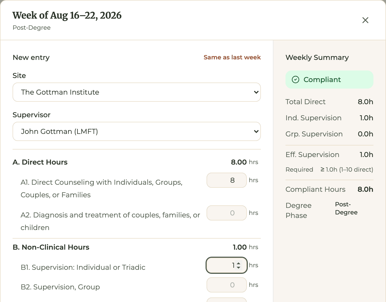 HourJourney week entry form for a sample account, with direct hours, supervision hours, and the week total filled in