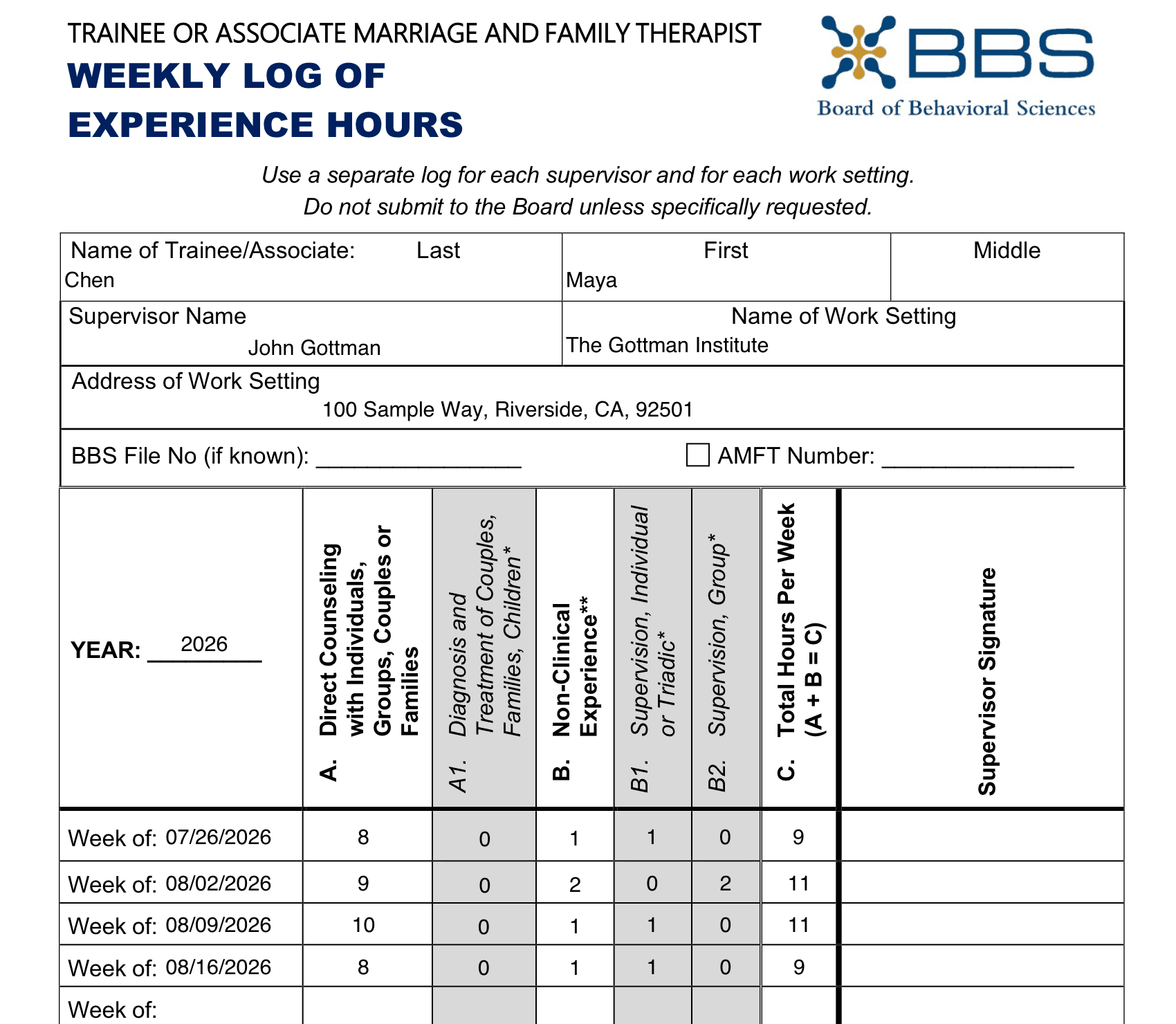 The top of BBS form 37A-525 filled in by HourJourney with a sample account's name, site, and four logged weeks
